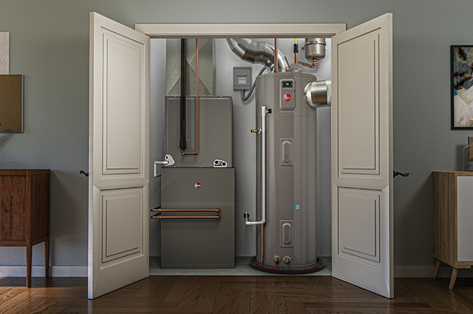 Heat pump water heater installed in a home utility closet, relevant to 2026 heat pump water heater tax credit guidance.