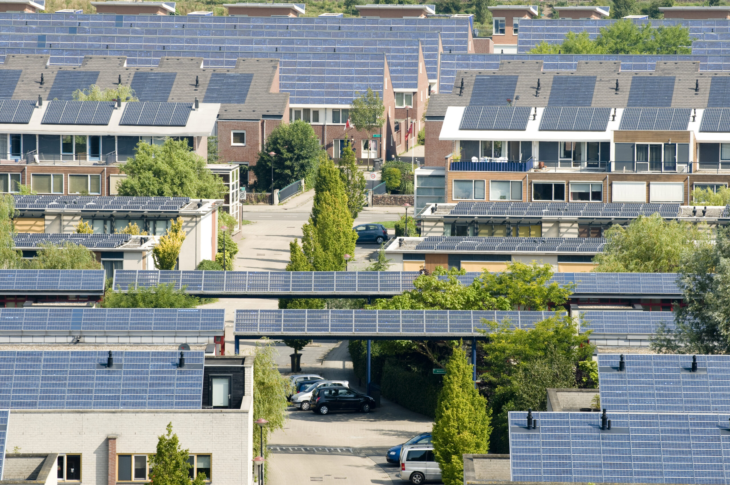 Residential solar panels installed on housing rooftops.